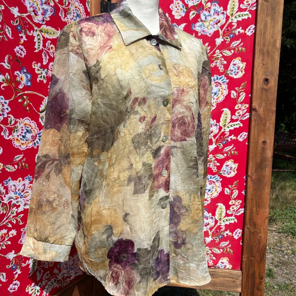 Vintage 90s Crinkle Chiffon Floral Ethereal Whimsigoth Oversize Button Up Blouse - Picture 2 of 15